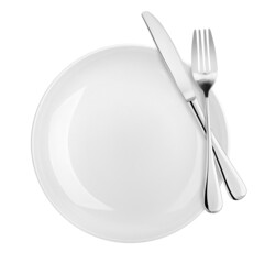 Empty plate, fork, knife, clipping path, cutlery isolated on white background, clipping path, top...