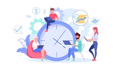 Diverse freelancer tiny people team of developer working on laptop under giant clock flat vector illustration. Time management, work speed, productivity and efficiency concept
