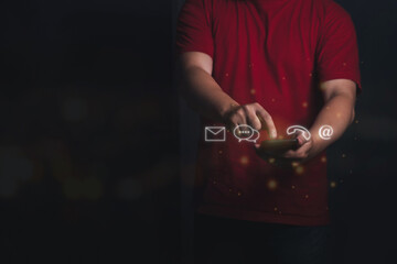 Close up man hand hold and pressing smartphone. Communication technology with copy space.