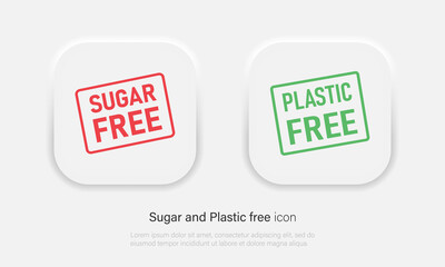Sugar and plastic free label icons. No sugar and no plastic symbols in neumorphism style. Vector EPS 10