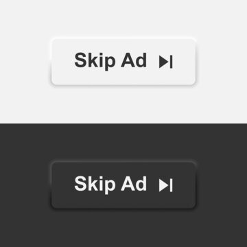 Skip Ad button icons in white and black neumorphism UI design style. Advertisement skip button symbol for website or player. Vector EPS 10