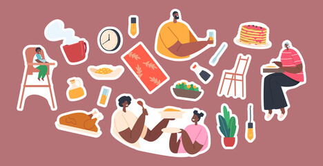 Set of Stickers Happy Modern African Family Characters Mother, Father, Granny and Little Kids Having Dinner