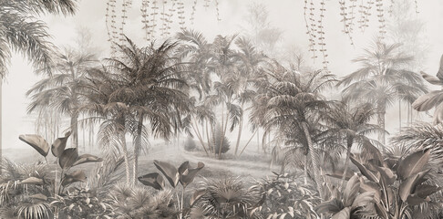 tropical trees and leaves wallpaper design in foggy forest - 3D illustration
