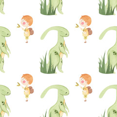 Watercolor cute dino seamless pattern - Illustration Surface Nursery Dinosaur