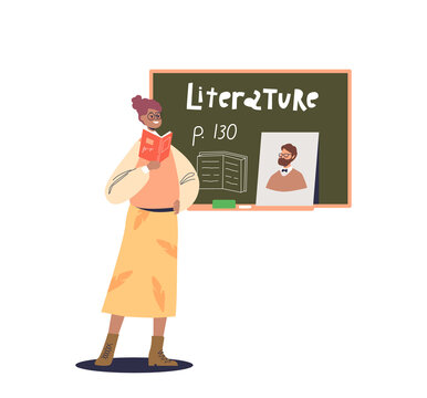 Literature teacher at blackboard explaining reading lesson. School pedagogue woman at chalkboard