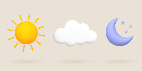 3d cartoon weather icons set. Sun, moon, stars, clouds.