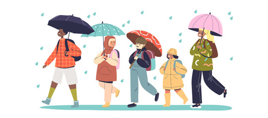 Kids walking under rain hold umbrella and wear raincoat clothes. Children in rainy autumn weather