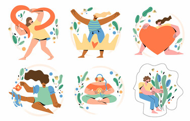 Mental self love and health. Set of multinational smiling women in different poses with plants, flowers. The concept of acceptance, psychological therapy. Personality development, overcoming problems.
