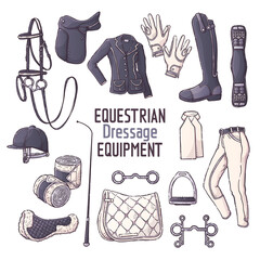 Hand drawn equestrian equipment collection Vector. Dressage accessories. Sports gear.