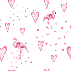 Seamless pattern with flamingo and hearts. Graphic design for print, packaging, textiles, clothing, wallpaper and more.