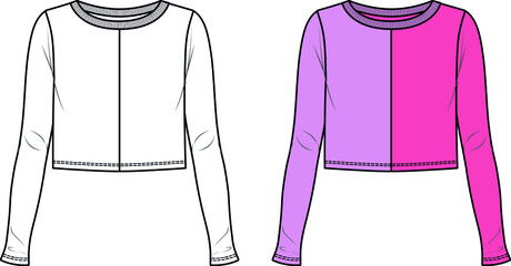 Vector color block long sleeved t shirt fashion CAD, woman winter round neck crop top technical drawing, template, sketch, flat, mock up. Jersey modern crop top with front, back view, white color