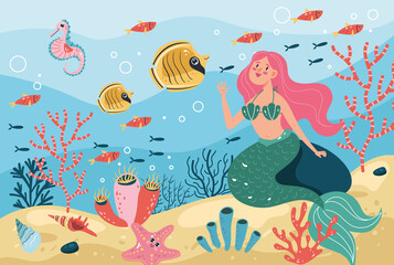 Mermaid character swimming on sea bottom underwater concept. Vector flat graphic design illustration