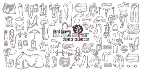 Hand drawn equestrian equipment collection Vector. Horse ammunition. Rider clothing. - obrazy, fototapety, plakaty