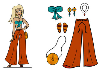 A stylish woman and a set of clothes in boho style