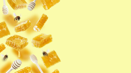 A set of floating honeycombs, honey dippers and flying bees on a yellow background. Conceptual...