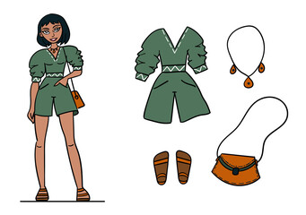 Young woman and a set of clothes in boho style