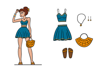 Fashionable woman and a set of clothes in boho style