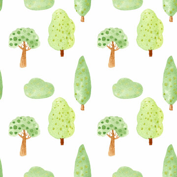 Watercolor trees seamless pattern. Cute endless background of nature.