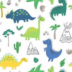 Childish Dino seamless pattern with hand drawn dinosaurs in cartoon style. Cute vector nursery background for fabric, textile, apparel and other covering design