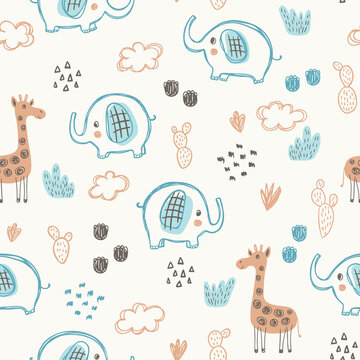 Nursery seamless pattern with cute characters. Elephants and giraffes are in cartoon style. Perfect design for newborn apparel, textile and other stuff