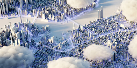 Scattered clouds on the mega city; urban and futuristic technology concepts, original 3d rendering - 504806180