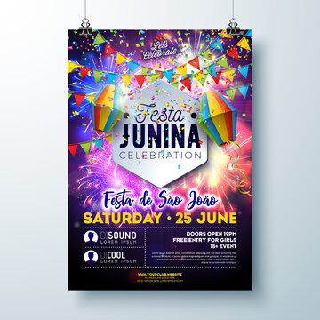 Festa Junina Party Flyer Illustration with Flags and Paper Lantern on Firework Background. Vector Brazil June Sao Joao Festival Design for Banner, Invitation or Holiday Celebration Poster.