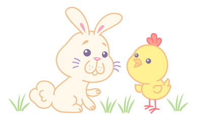 Vector illustration of chick and rabbit for Easter in kawaii style.