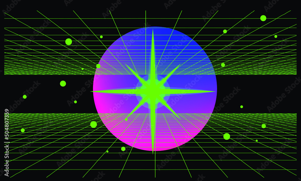 Poster 3D perspective laser grid going into the horizon. Sci-fi futuristic retro style image. 