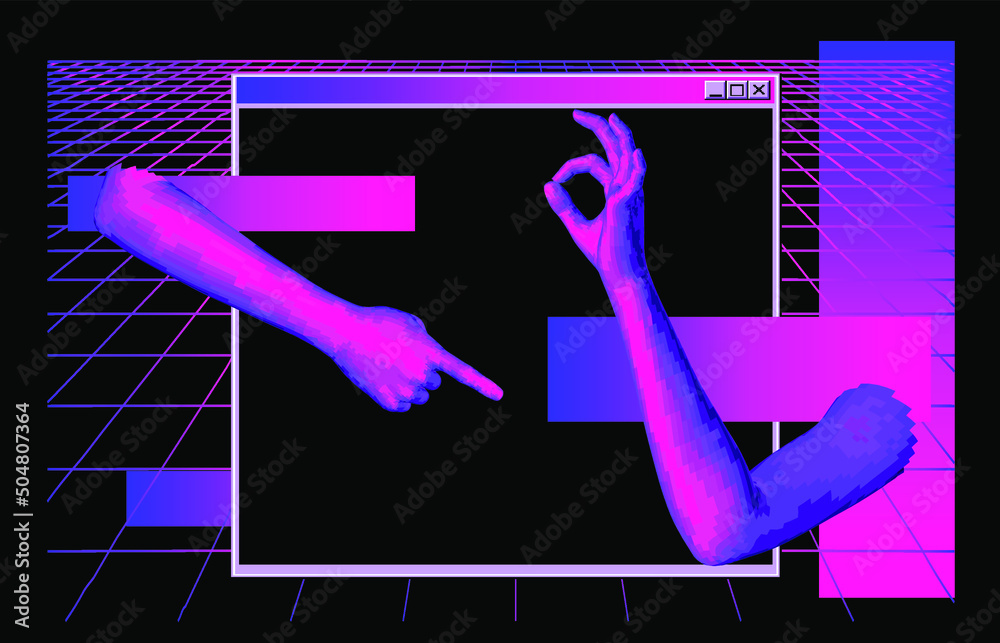 Leinwandbilder 3d laser perspective grid and two low-poly hands going to touch together.synthwave the 80's like sty
