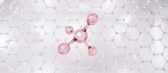Realistic molecules background. Science illustration of a cream molecule. Hyaluronic acid skin solutions advertising, collagen serum drop with cosmetic advertising background. 3d rendering.