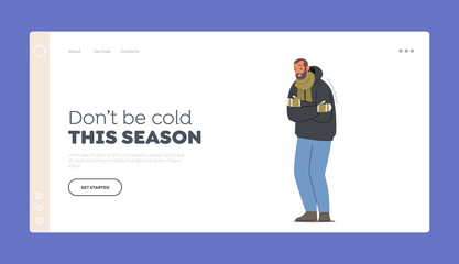 Cold Weather, Freezing People Landing Page Template. Male Character Wrapped in Warm Winter Clothes and Mittens