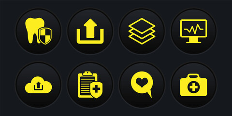 Set Cloud upload, Monitor with cardiogram, Clipboard medical insurance, Heart speech bubble, Layers and Upload icon. Vector