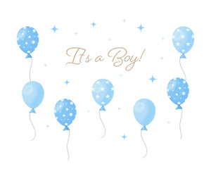 It's a boy baby shower, gender reveal greeting card with blue balloons. Vector illustration