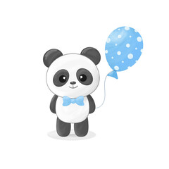 Cute little panda boy with blue balloon and bow tie, vector illustration