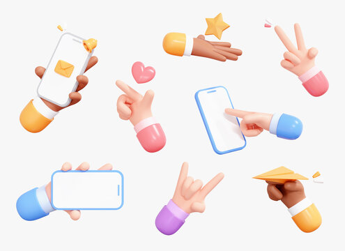 3D Hand Collection Set Icon In Cartoon Design. Hands With Gestures And Holding Different Objects. Colorful Realistic Elements Isolated On White Background. 3D Rendering