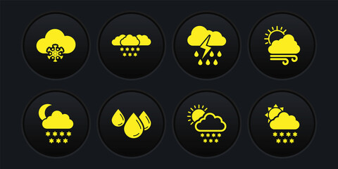 Set Cloud with snow and moon, Windy weather, Water drop, sun, rain lightning and icon. Vector