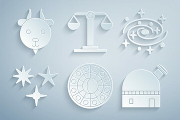 Set Astrology horoscope circle, Milky way spiral galaxy, Falling star, Astronomical observatory, Libra zodiac and Aries icon. Vector