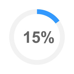 15 percent filled round battery charging or downloading bar. Progress, waiting, transfer, buffering or loading process icon. Element for website or mobile app interface. Vector flat illustration