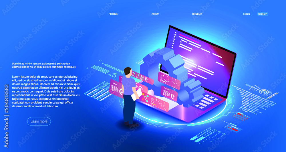 Poster concept in isometric design developing of internet app online website service landing page layout or