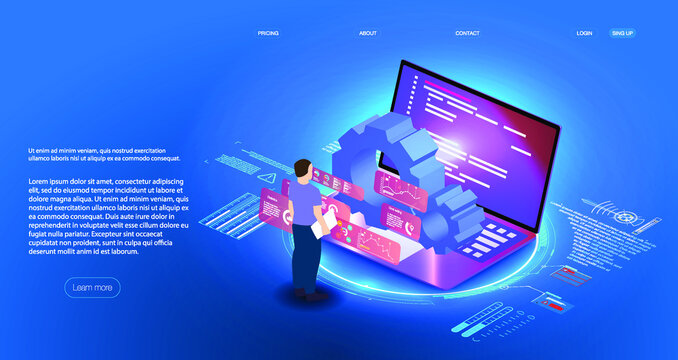 concept in isometric design Developing of internet app online website service Landing page layout or banner template A digital service or application that transfers data to a server or hosting service