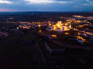 Night aerial view of medieval castle of Estremoz in Portuguese civil parish of Santa Maria de...