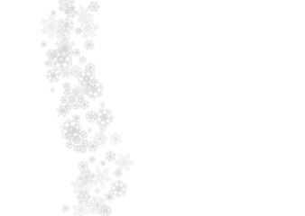Snowflakes falling on white background. Horizontal Christmas and Happy New Year theme. Silver falling snowflakes for banner, gift card, party invitation, partner compliment and special business offers