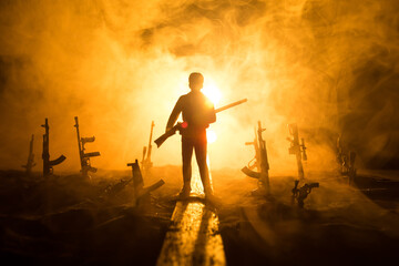 Creative artwork decoration war on Ukraine. Crowd looking on giant explosion and attacking soldiers.