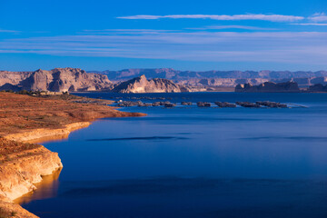 Lake Powell blue water at high level overlook near marina before drought on Utah Arizona border 