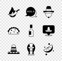 Set Hot chili pepper pod, Hola, Mexican sombrero, wrestler, Sliced lime, Taco with tortilla and Tabasco sauce icon. Vector © vector_v