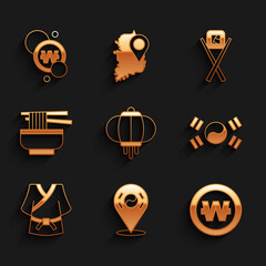 Set Korean lantern, Location South, won coin, flag, Kimono, Ramen, Sushi with chopsticks and icon. Vector