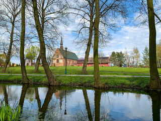 Old Poland cathedral building in the city park