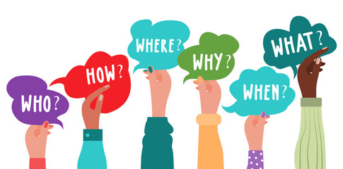 Arms up of Diverse people holding speech bubble with question -Who What Where When Why How. Problem solving, brainstorming, investigation. Banner, Poster, Background