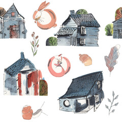 Watercolor Houses Village Farm Autumn Seamless Pattern. Rabbit, Bunny, Flower, Floral, Sleeping Fox