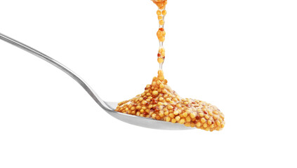  French mustard in a spoon on a white background